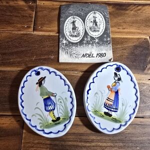 Henriot Quimper Noël 1980 Hand Painted France Ornament Pair w/ Card